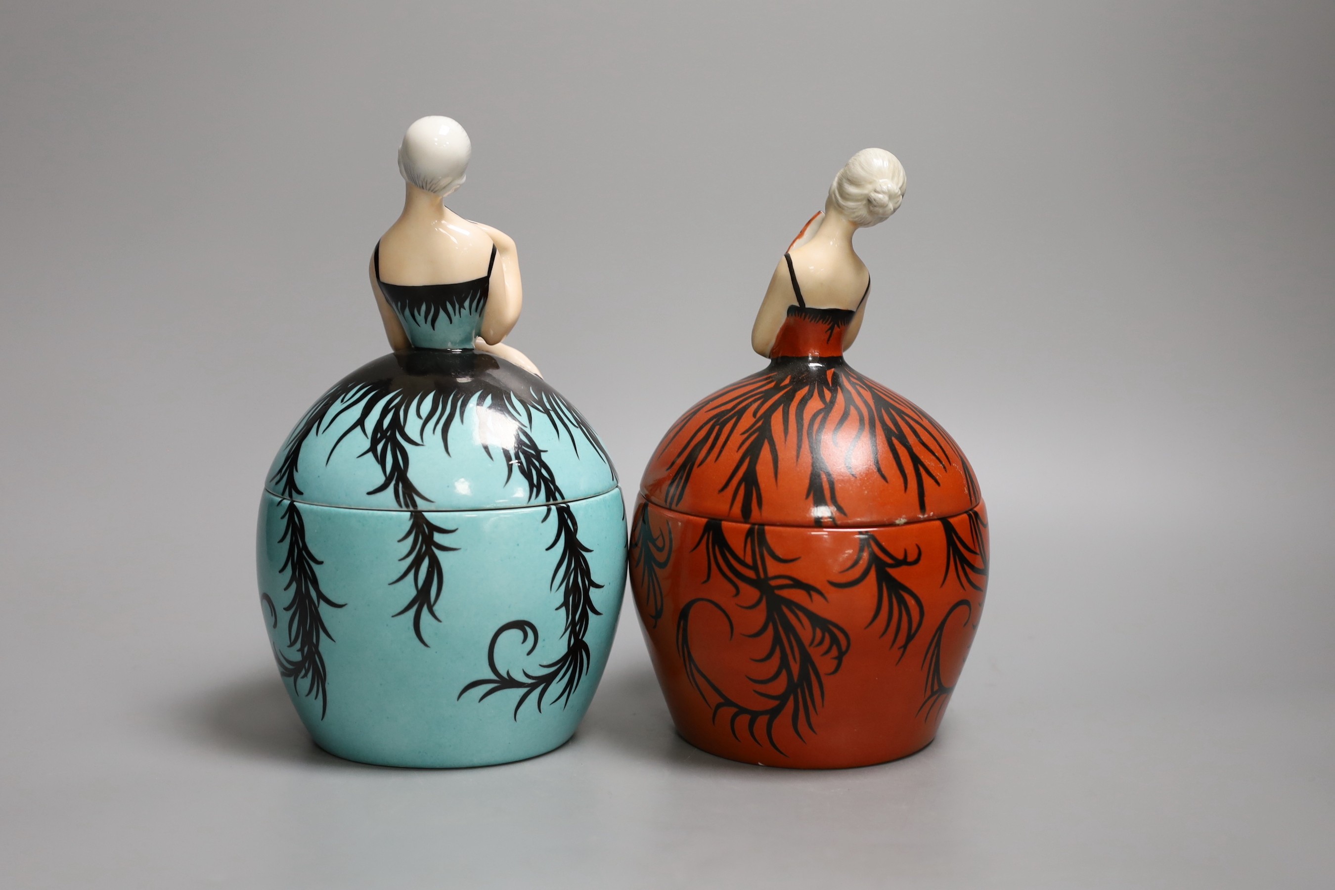 A Robj Spanish dancer bowl and cover and another similar of different make, tallest 20cm